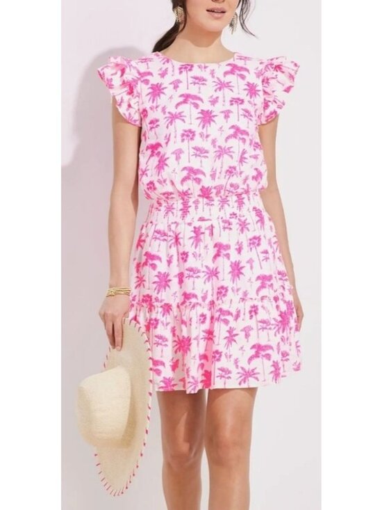 Vineyard Vines Dresses & Skirts - Vineyard Vines Women's M Linen Pink Palm Mini  Dress Smocked Ruffle Tropical Res